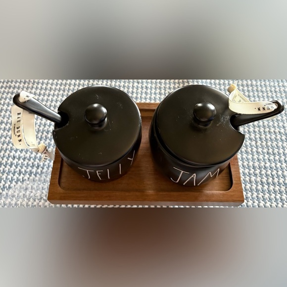 Rae Dunn Black Jelly and Jam Ceramic Jars with Wooden Tray - Picture 2 of 3